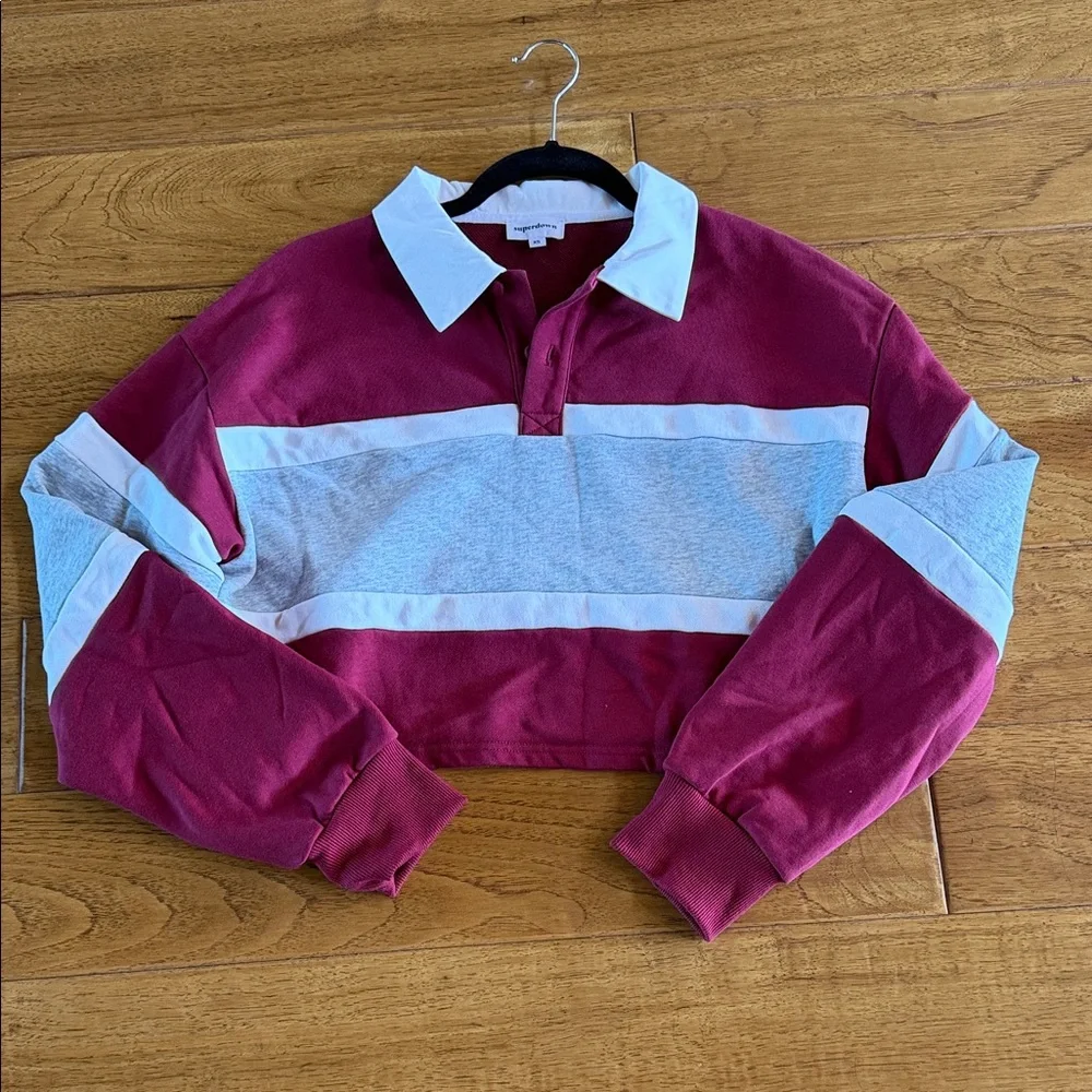 Superdown Julet Cropped Rugby Polo Top in Burgundy, Gray & White - Picture 4 of 9